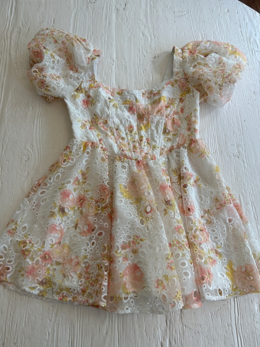 Altar'd State White Eyelet Mini Dress with Pink & Yellow Floral Print